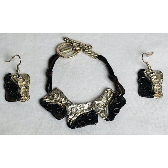 Vtg 80s Artisan Jewelry Set Silver Bronze Swirl Wire Bracelet Dangling Earrings - Picture 10 of 10